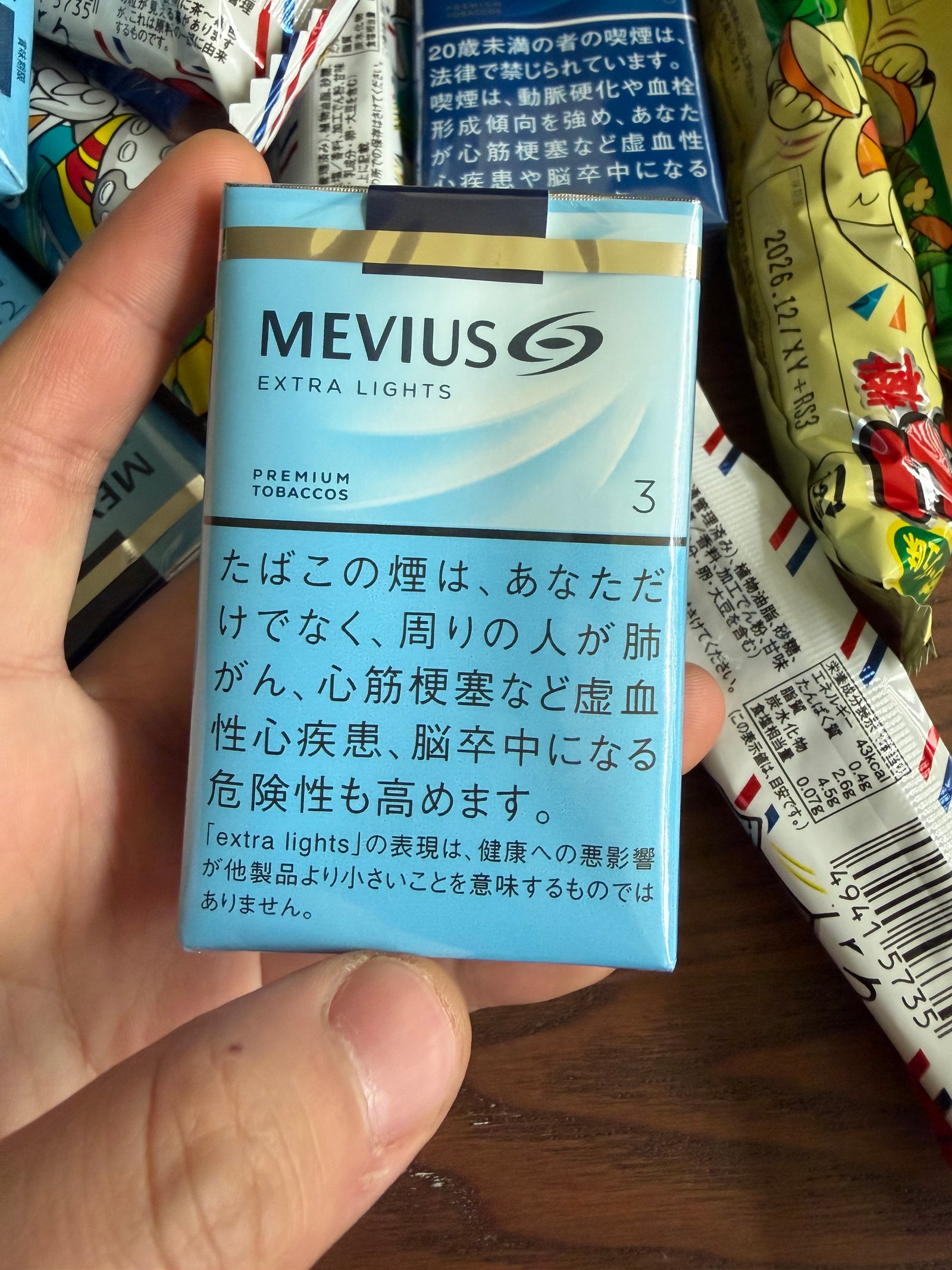Light-blue Mevius Extra Lights Premium Tobaccos pack marked 3